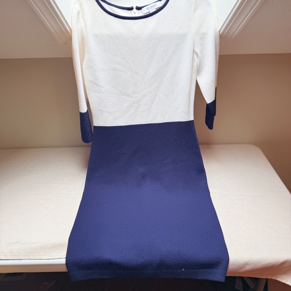 St. John Navy White Colorblock Round Neck 3/4 Sleeves Sheath Dress Size 4 - Picture 2 of 10